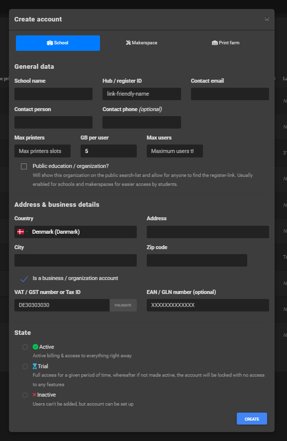 Partner panel; create new account