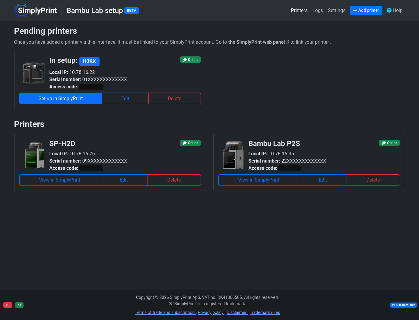 SimplyPrint Bambu Lab Client interface