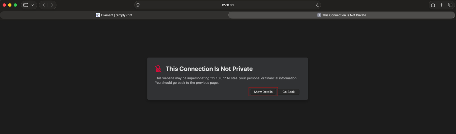 Safari privacy warning with Show Details button
