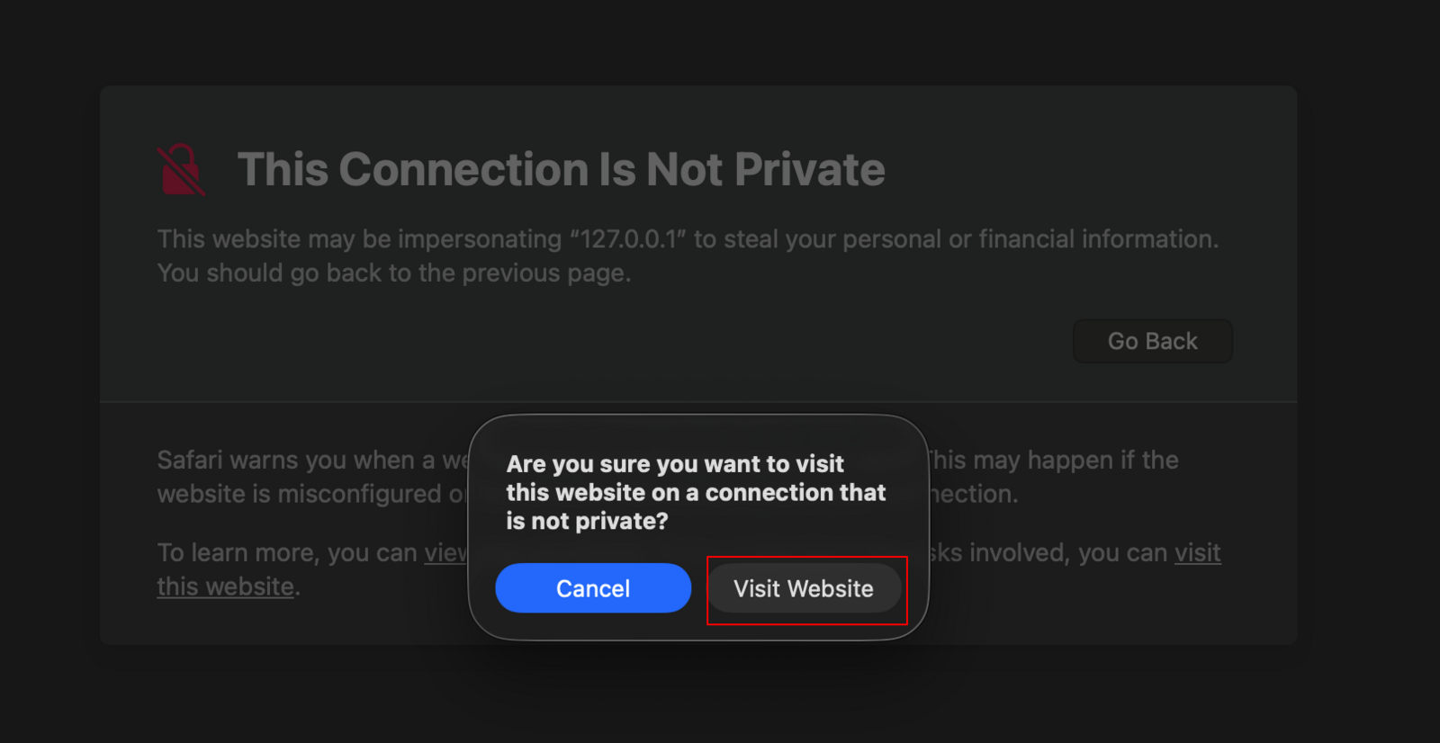 Confirmation popup with Visit Website button