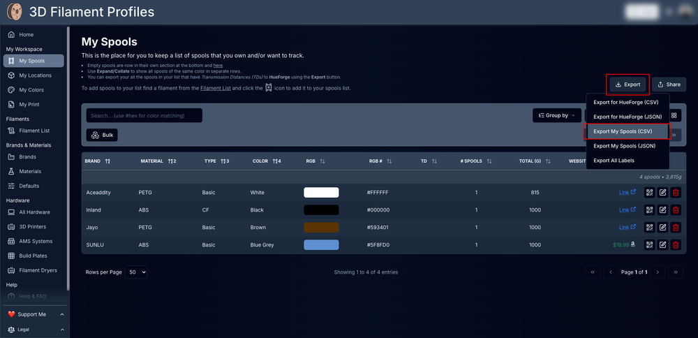 Export menu in 3D Filament Profiles showing the CSV export option