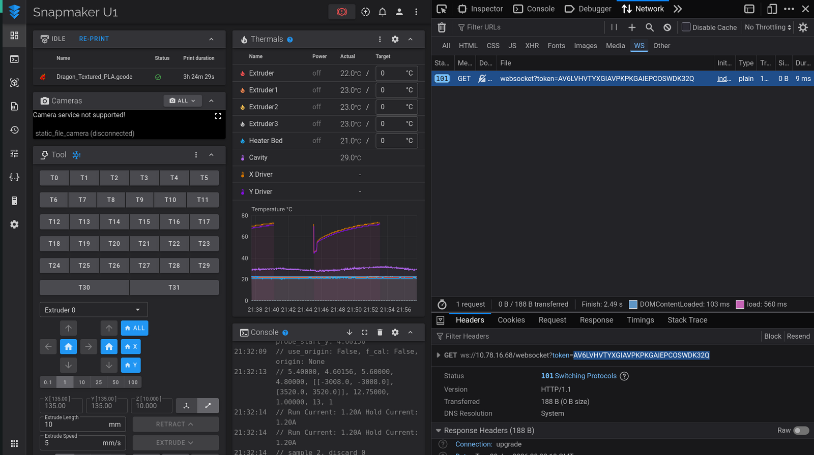 Browser DevTools showing the Network tab with WebSocket filter selected. The websocket request shows the token parameter highlighted in the URL.