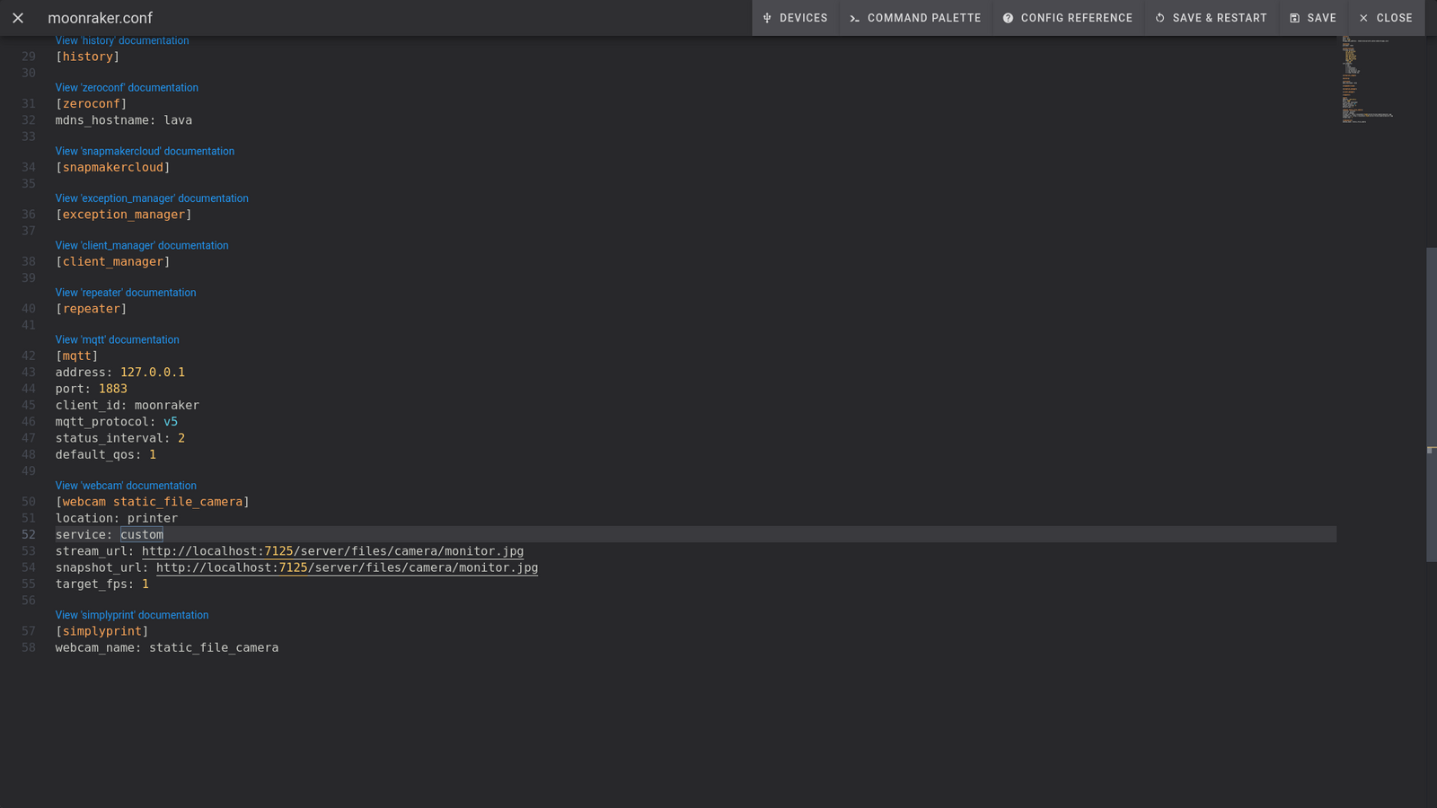 moonraker.conf editor showing the webcam and simplyprint configuration blocks with Save & Restart button visible