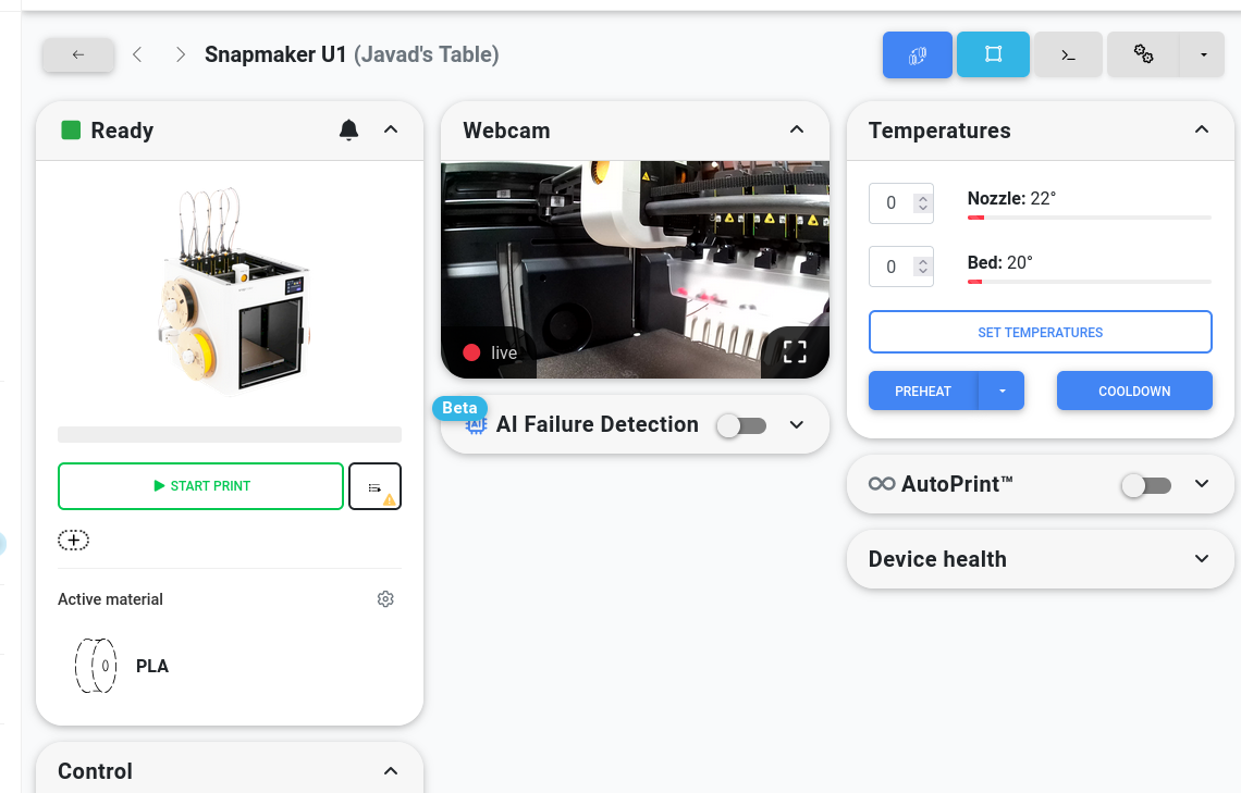 SimplyPrint dashboard showing a live webcam feed from the Snapmaker U1