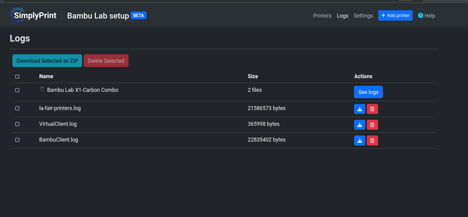 Bambu Lab client log explorer, typically found at 0.0.0.0:8000/logs