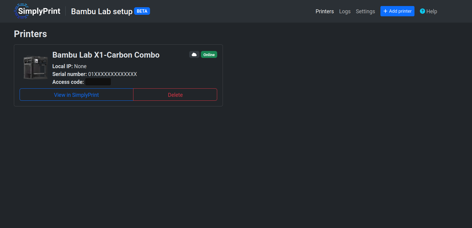 Bambu Lab client dashboard, typically found at 0.0.0.0:8000