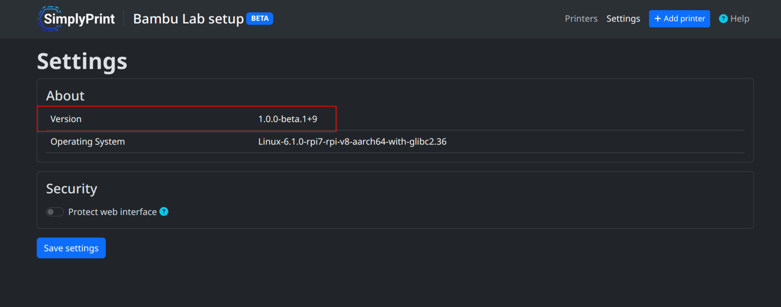 Settings page with version