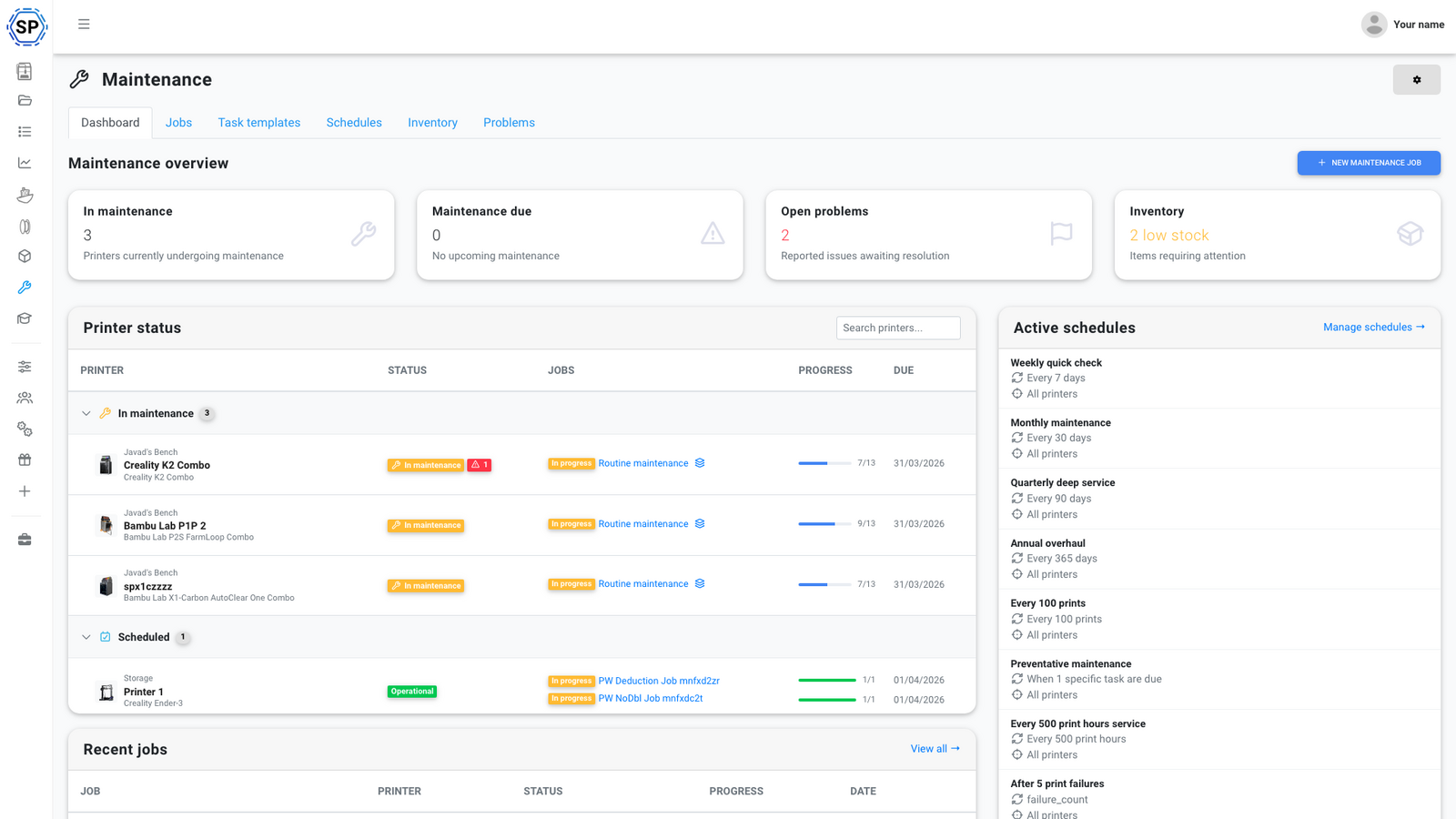 Maintenance dashboard showing stat cards, printer status, and recent jobs