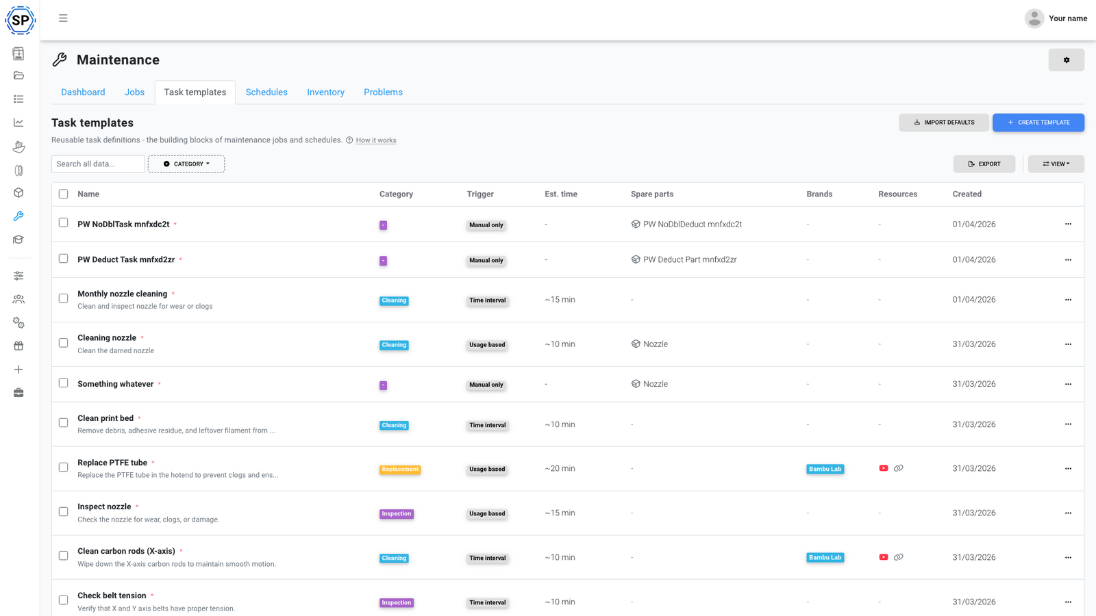 Task templates list view