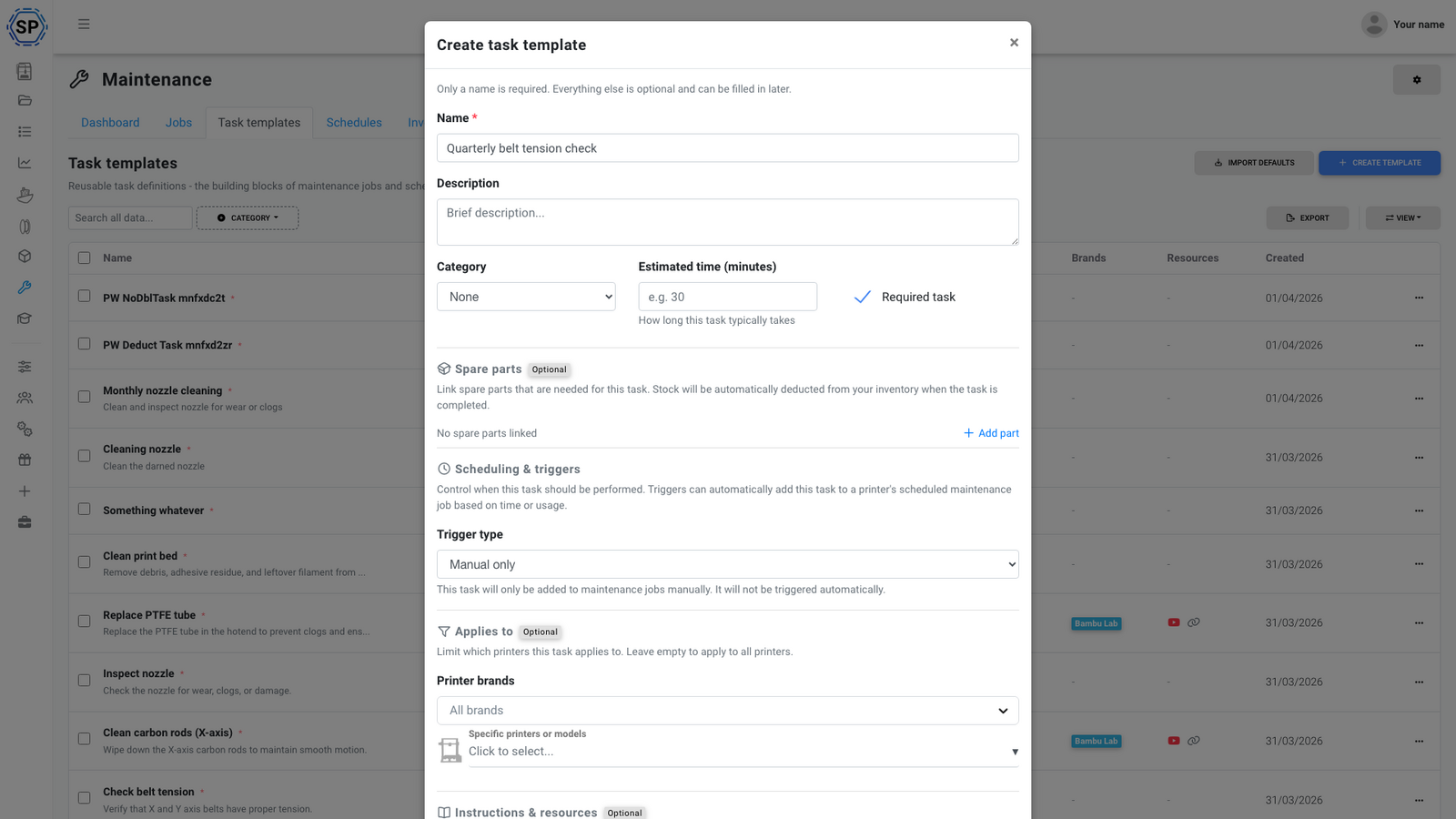 Create template modal