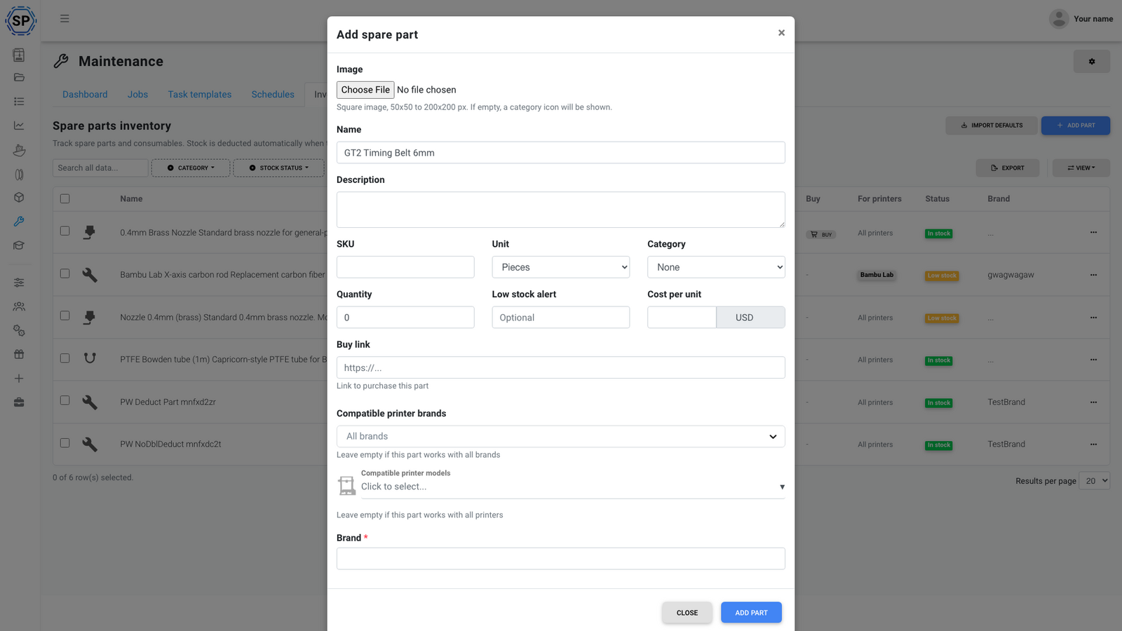 Add spare part modal with fields for name, category, quantity, and more