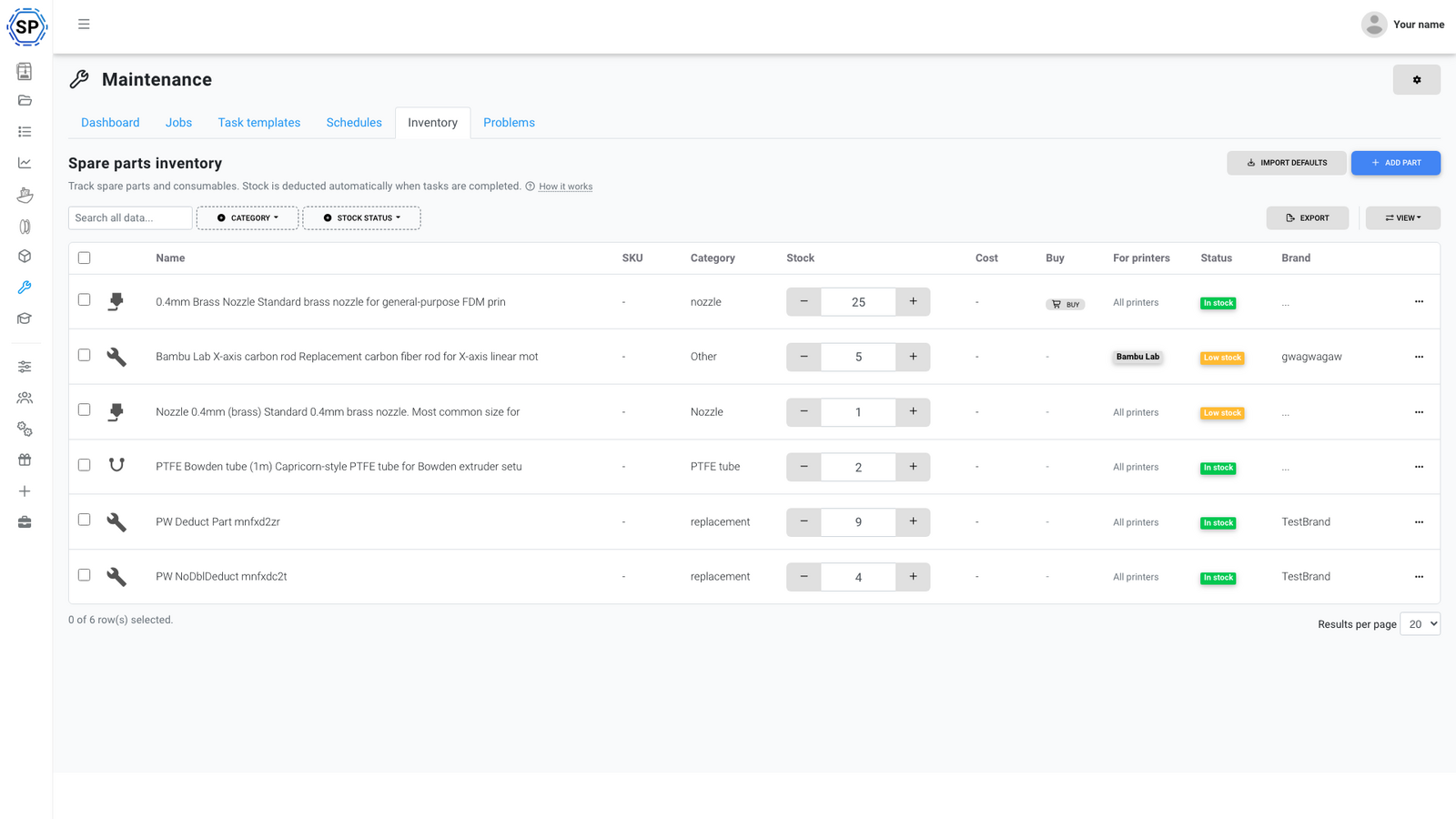Inventory list showing spare parts with stock levels and status indicators