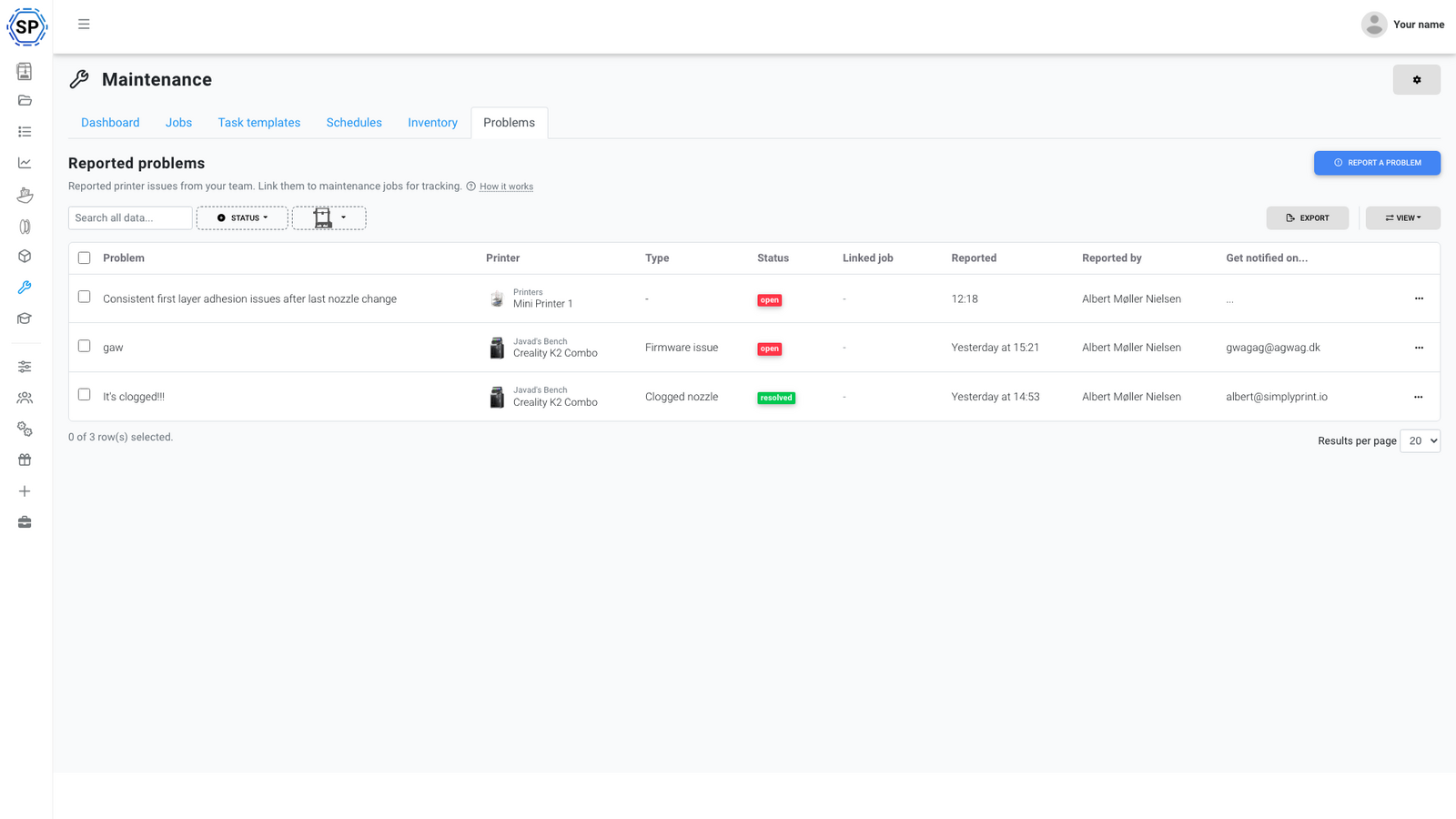 Problems list showing reported issues with status and linked jobs