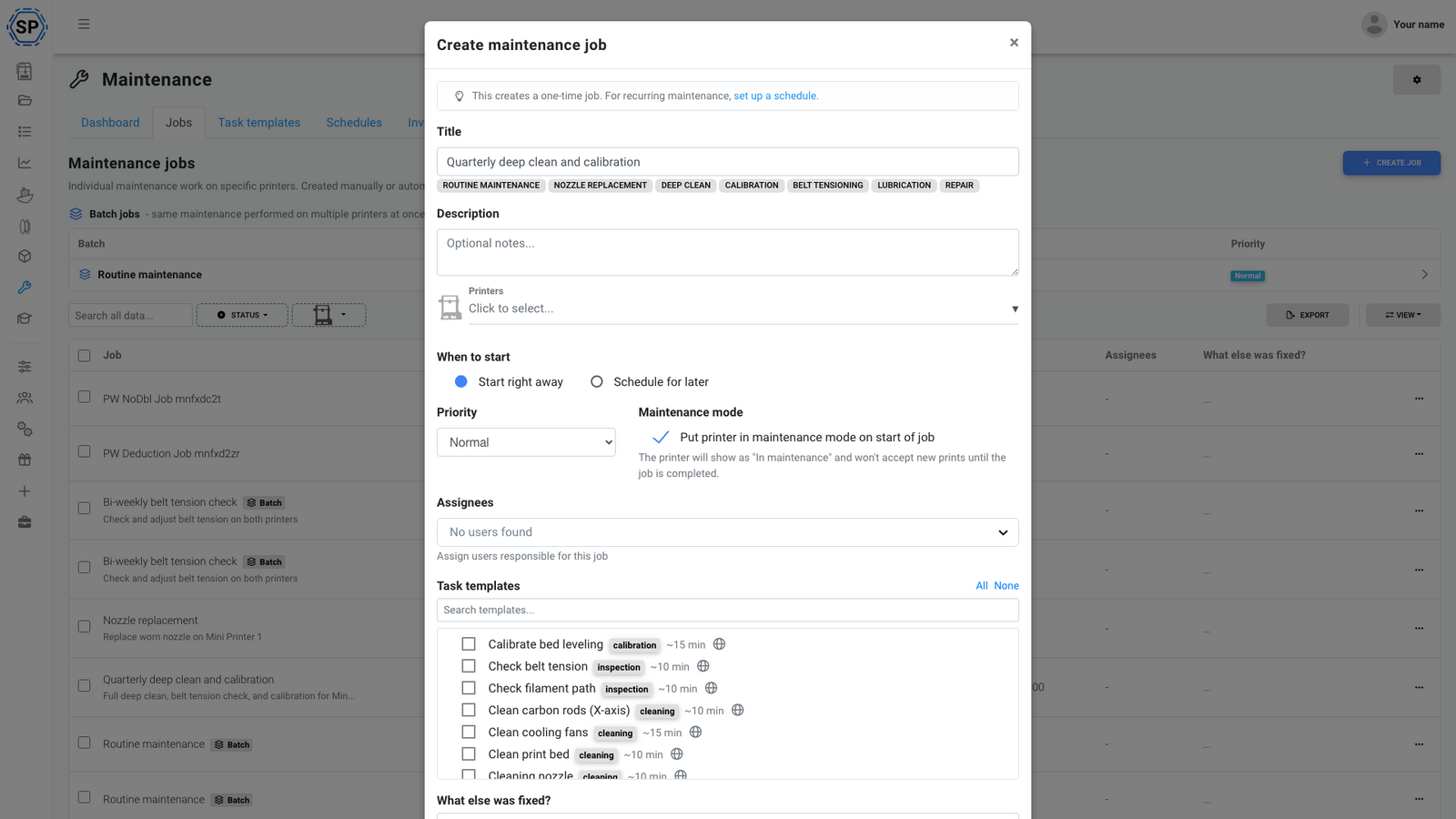 Create job modal