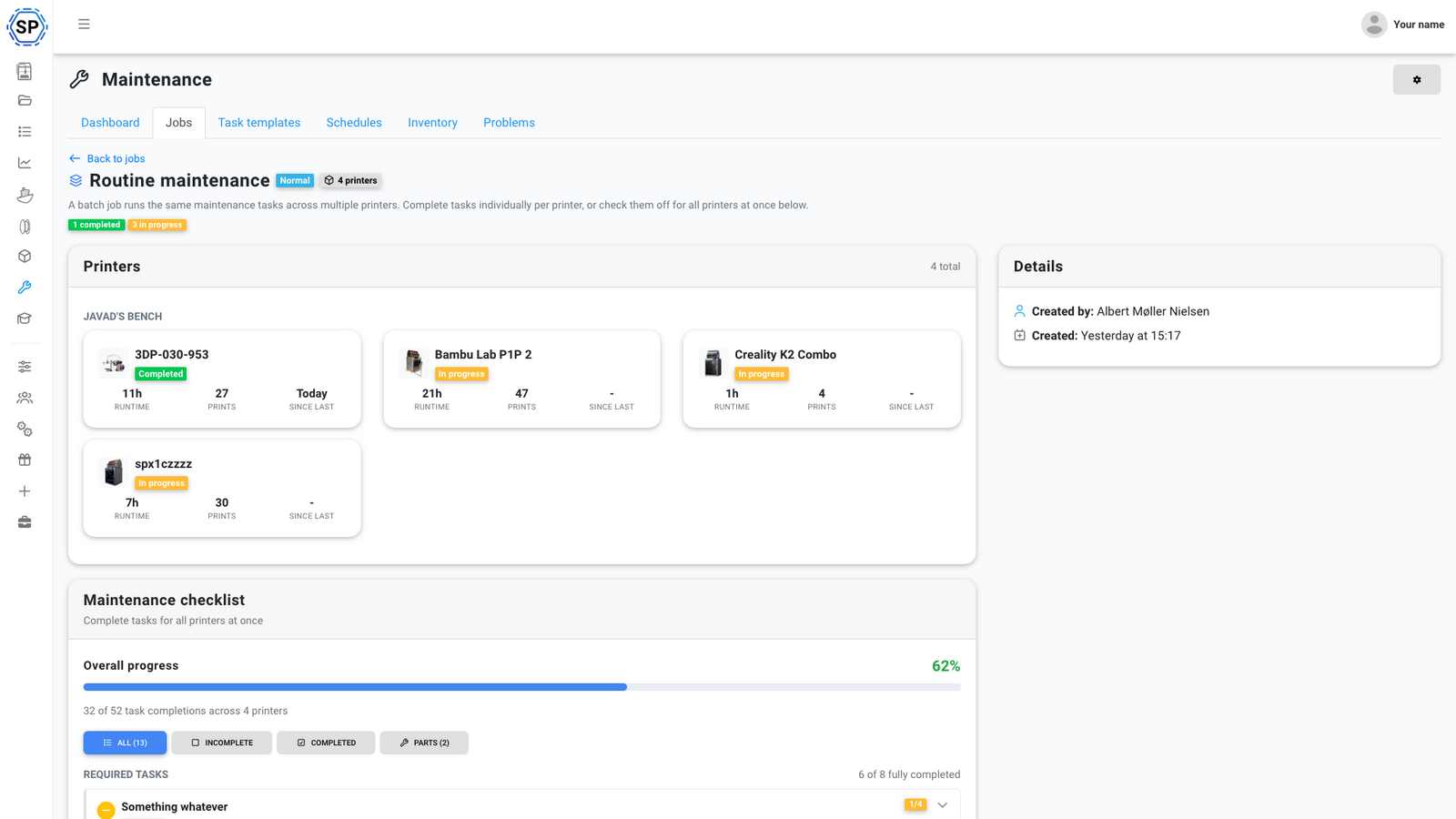 Job detail view with task checklist