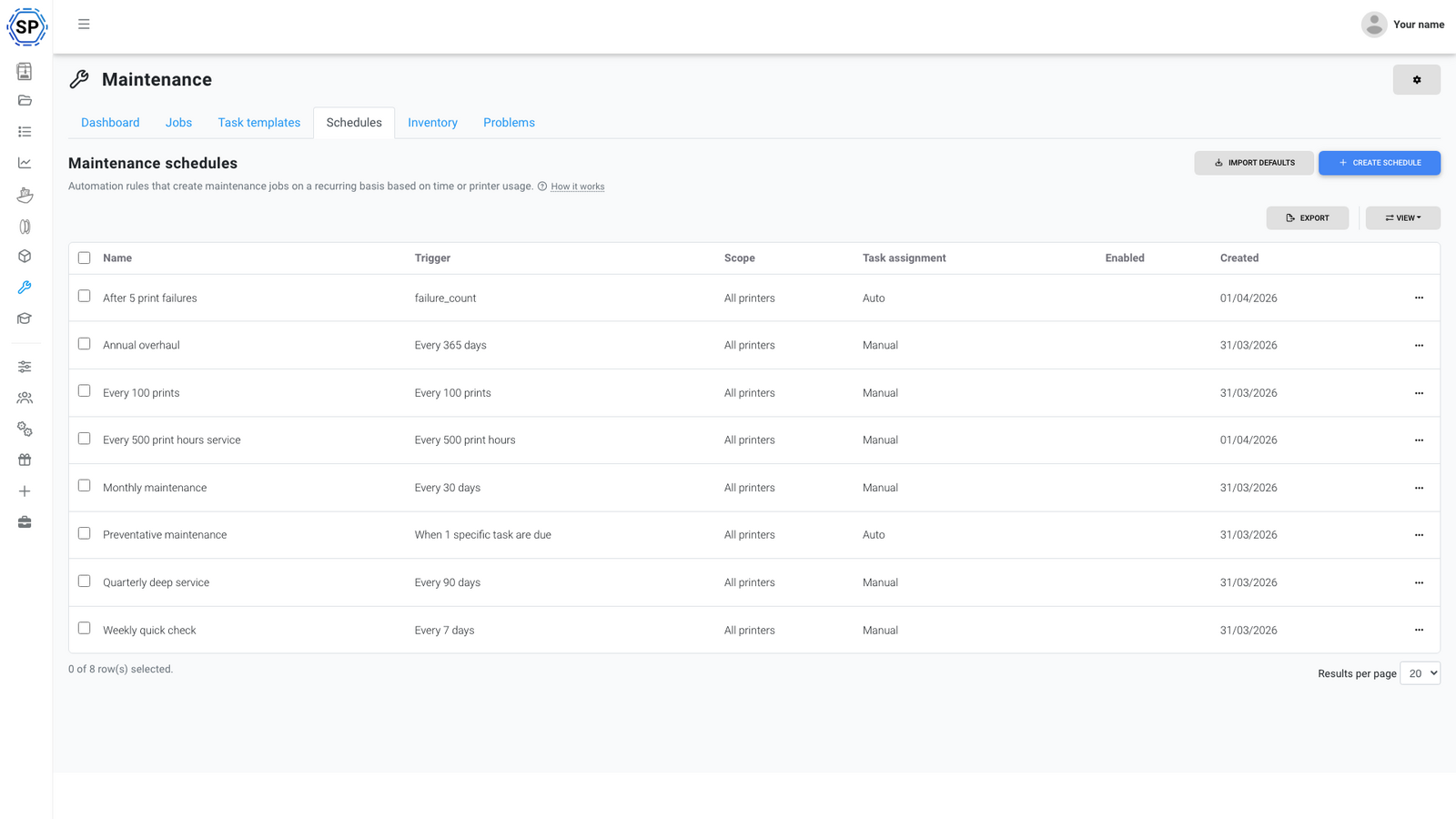 The schedules list showing active schedules with their trigger types and status