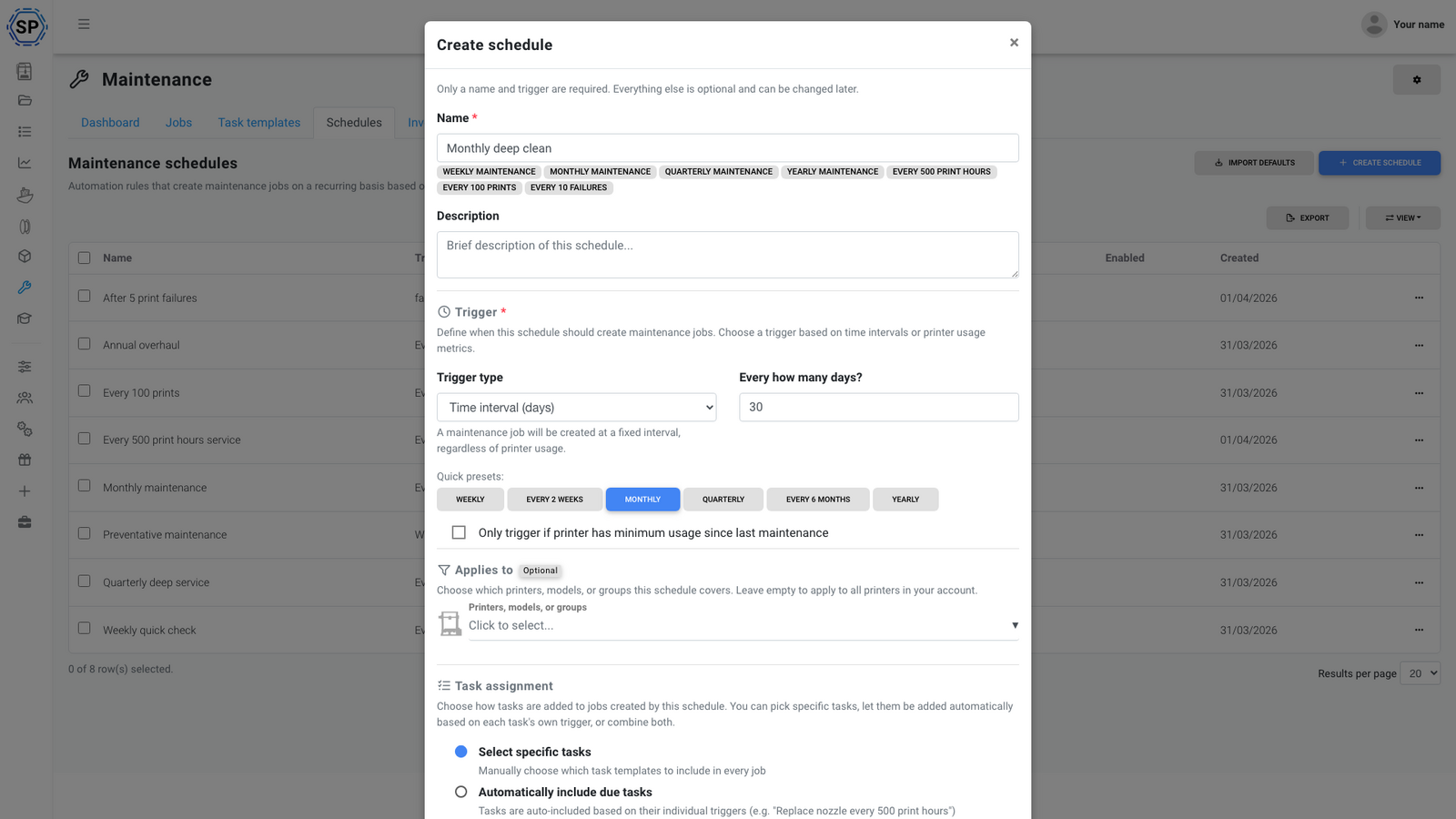 The create schedule modal showing trigger type and configuration options