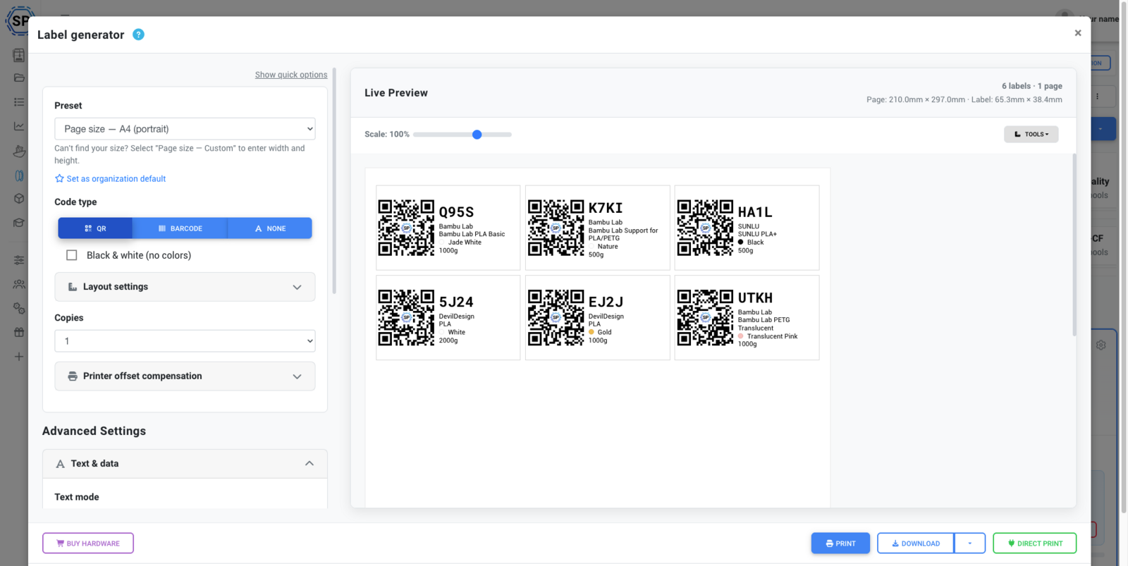 Label generator modal showing a preview with QR codes and filament data