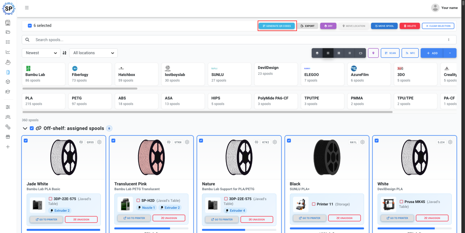 Filament list with spools selected and Labels button highlighted