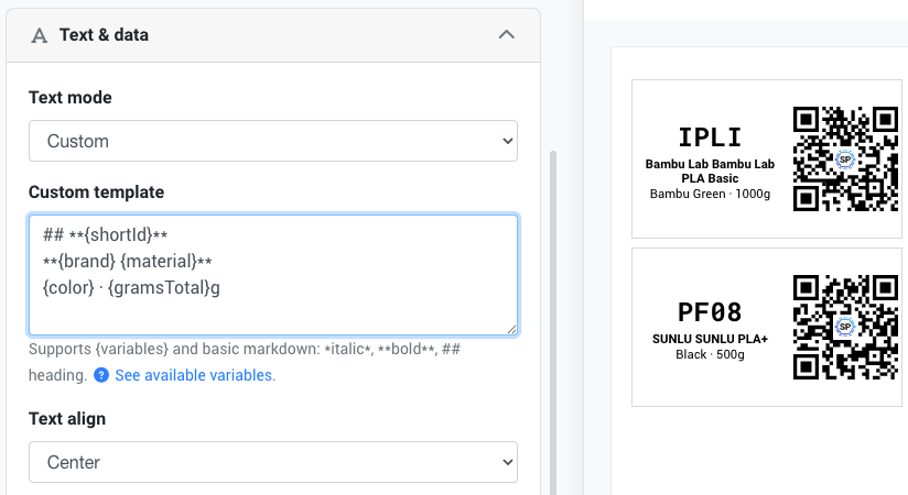 Text mode: Custom with template editor
