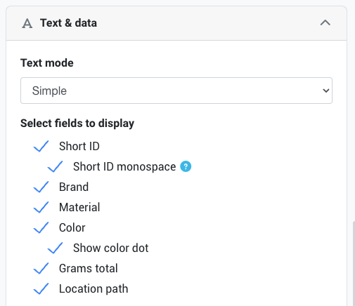 Text mode: Simple with field checkboxes