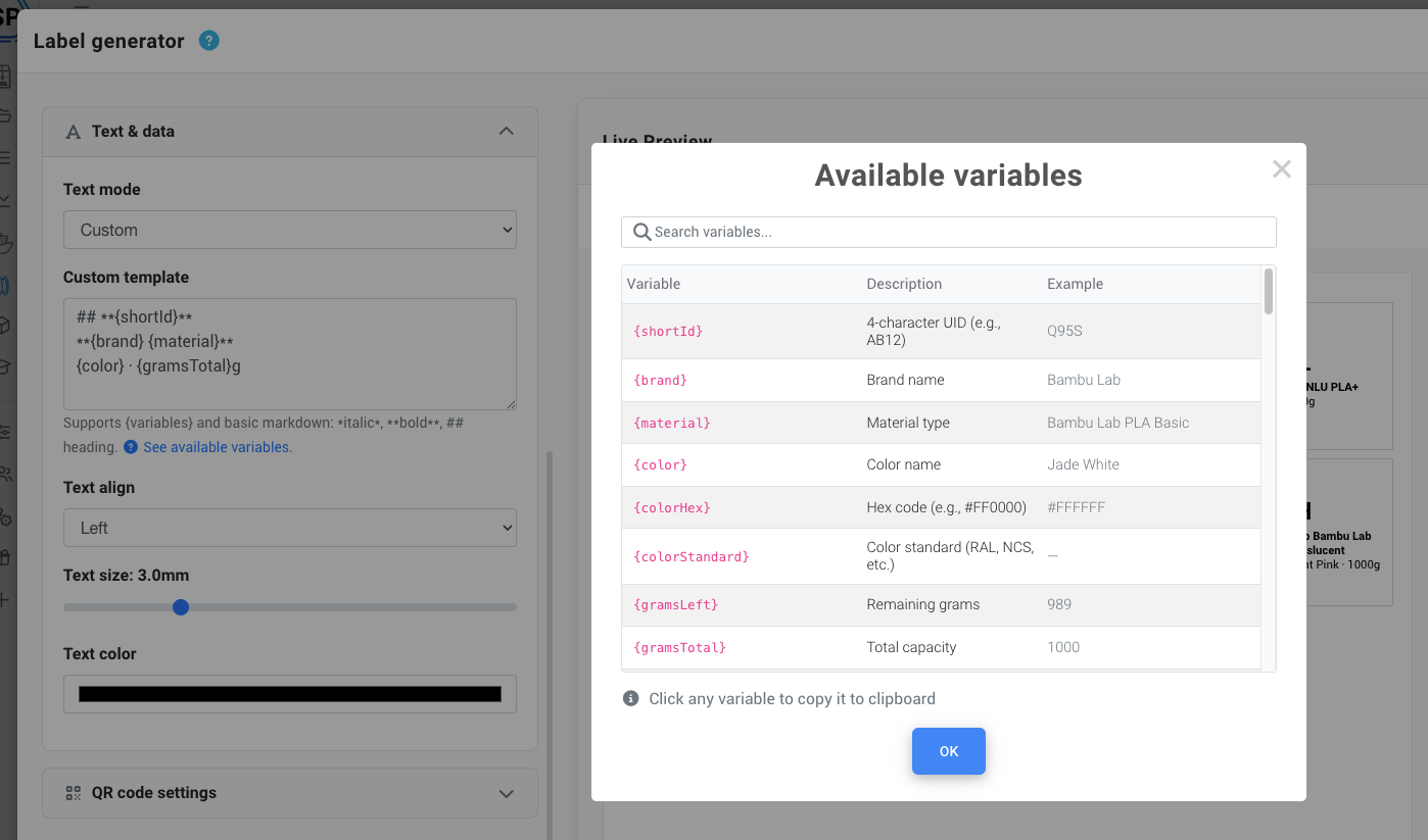 Variable help modal showing available variables