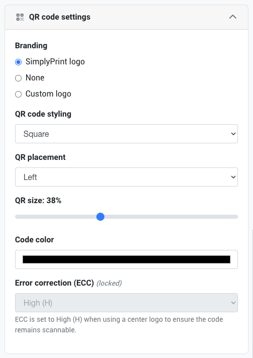 QR code settings panel