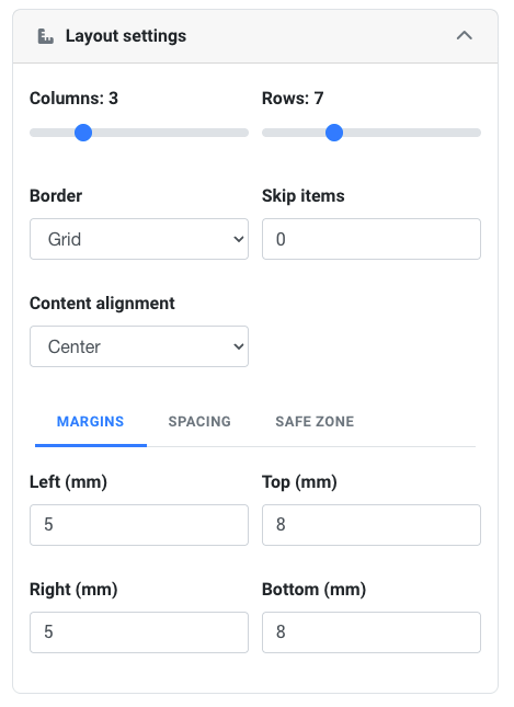 Layout settings panel with grid and margin options