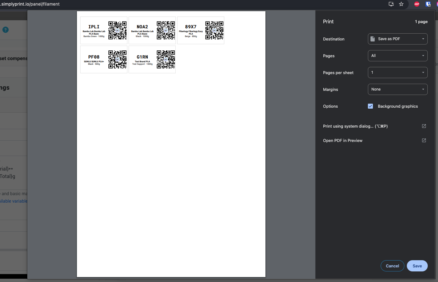 Browser print dialog with label preview