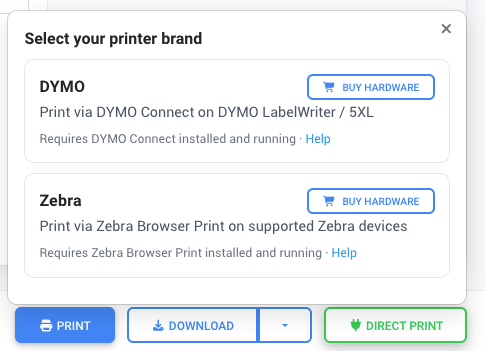 Direct print selector showing Zebra and DYMO options