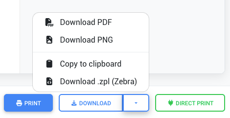 Download button dropdown showing PDF, PNG, and clipboard options