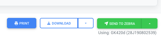 Bottom toolbar showing Print, Download, and Send to Zebra buttons