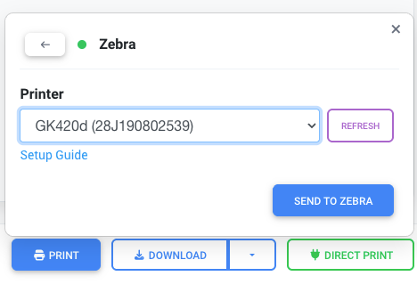 Direct print dialog with Zebra printer selected