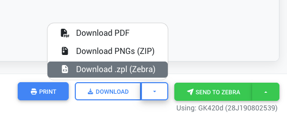 Download menu showing Download .zpl (Zebra) option