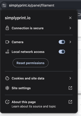 Chrome permission panel showing Local network access toggle enabled