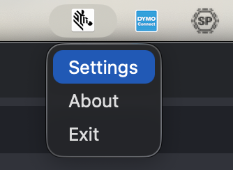 Zebra Browser Print tray menu with Settings option