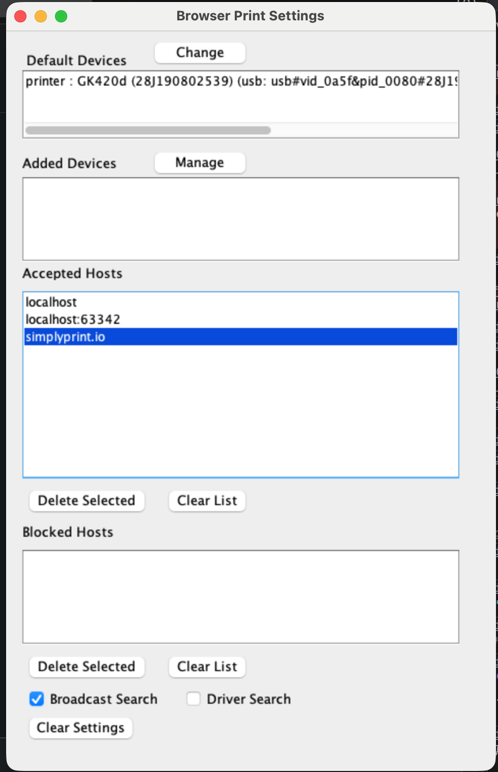 Zebra Browser Print settings showing Accepted Hosts with simplyprint.io listed