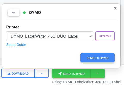 Direct print dialog with DYMO printer selected