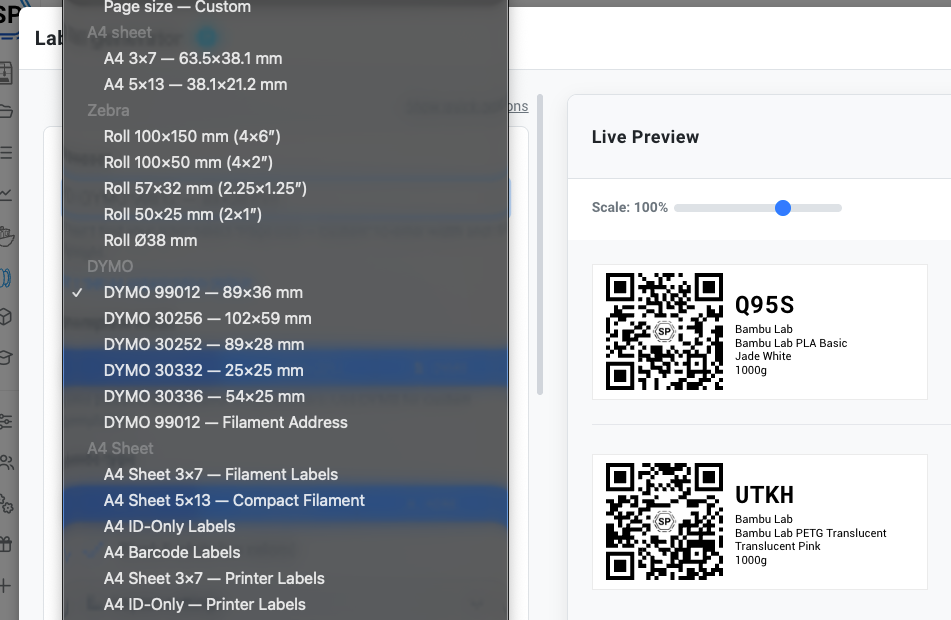 Preset dropdown showing DYMO label sizes