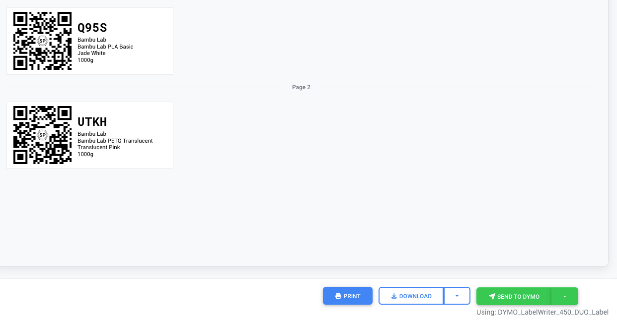 Label preview with Send to DYMO button