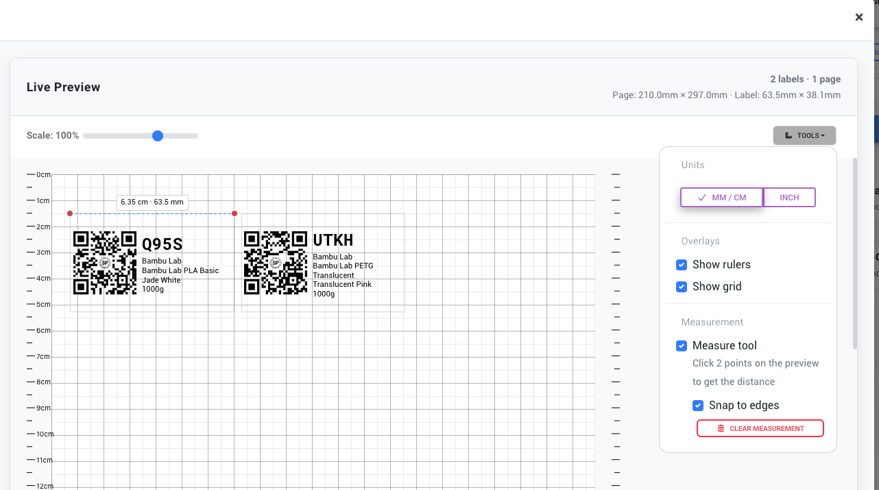 Live preview with rulers, grid, and measure tool