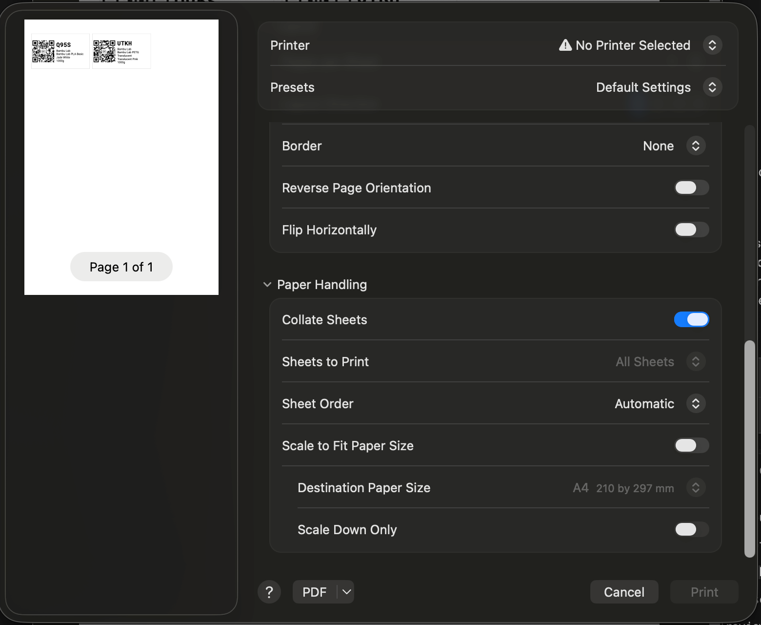 Mac Paper Handling settings with Scale to Fit disabled