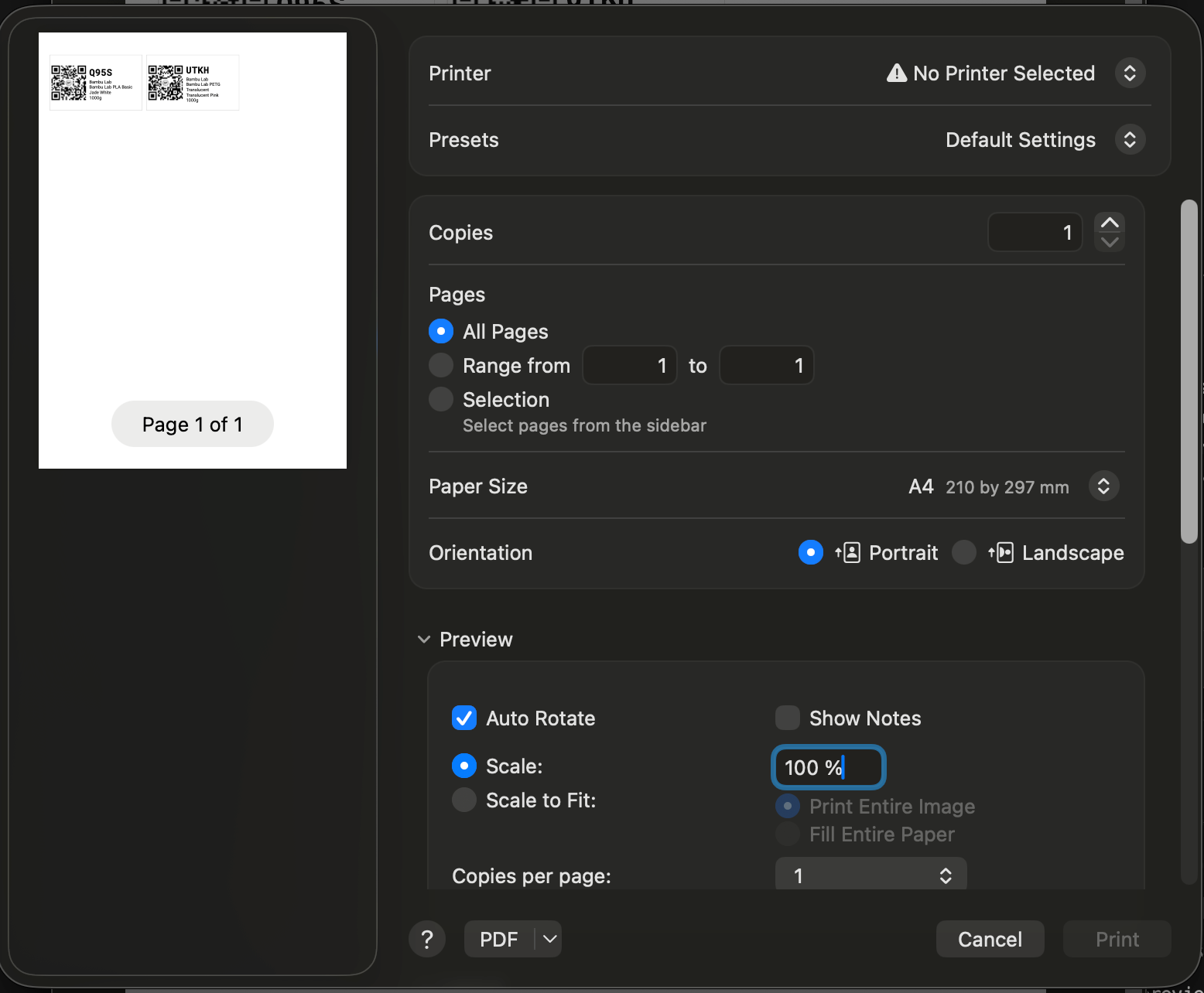 Mac print dialog showing Scale at 100%