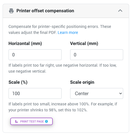 Printer offset compensation settings in the label generator
