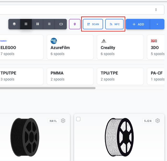 Scan and NFC buttons in the top right corner of the Filament page