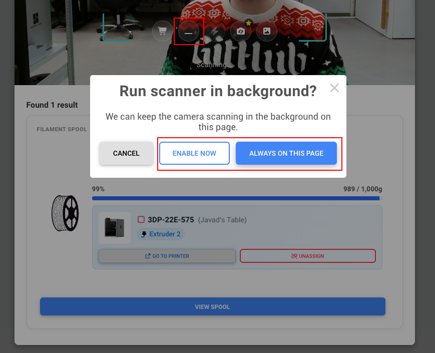 Minify button in the webcam scanner