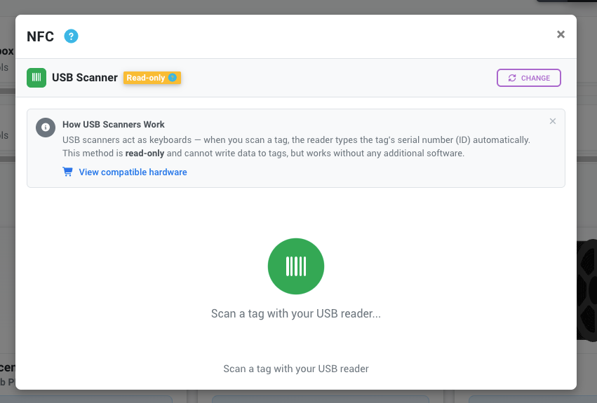 NFC scanner modal