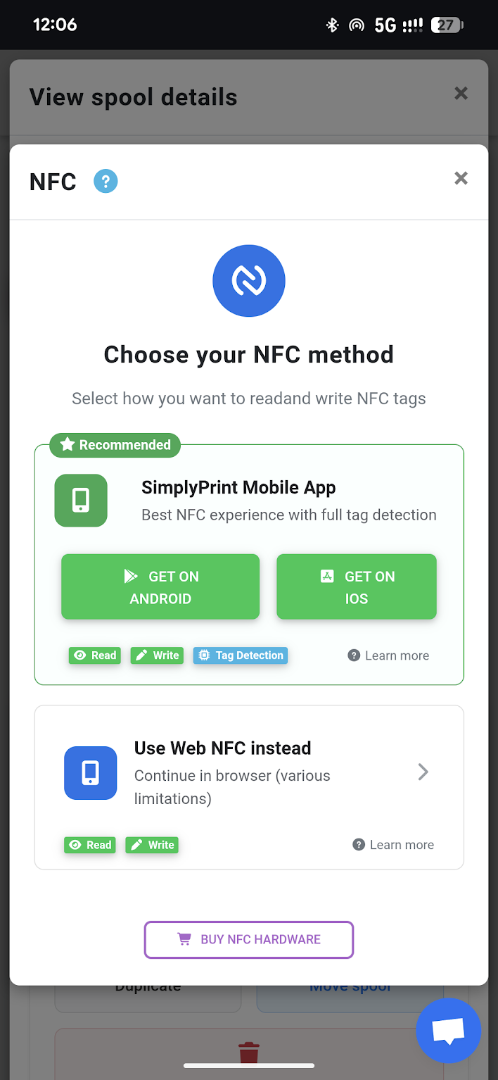 Write NFC tag modal showing format options