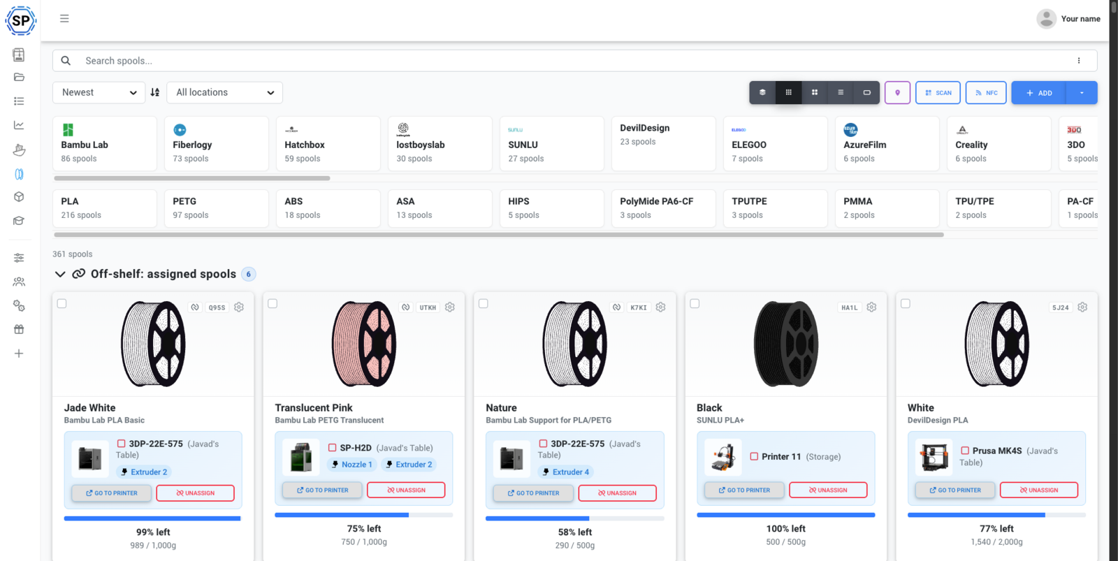Grid view with spool cards