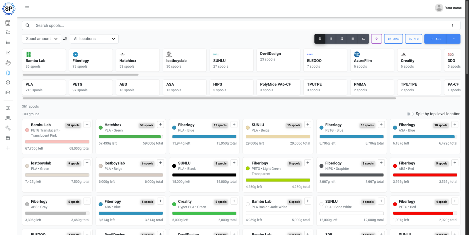 Groups view showing spools organized by type